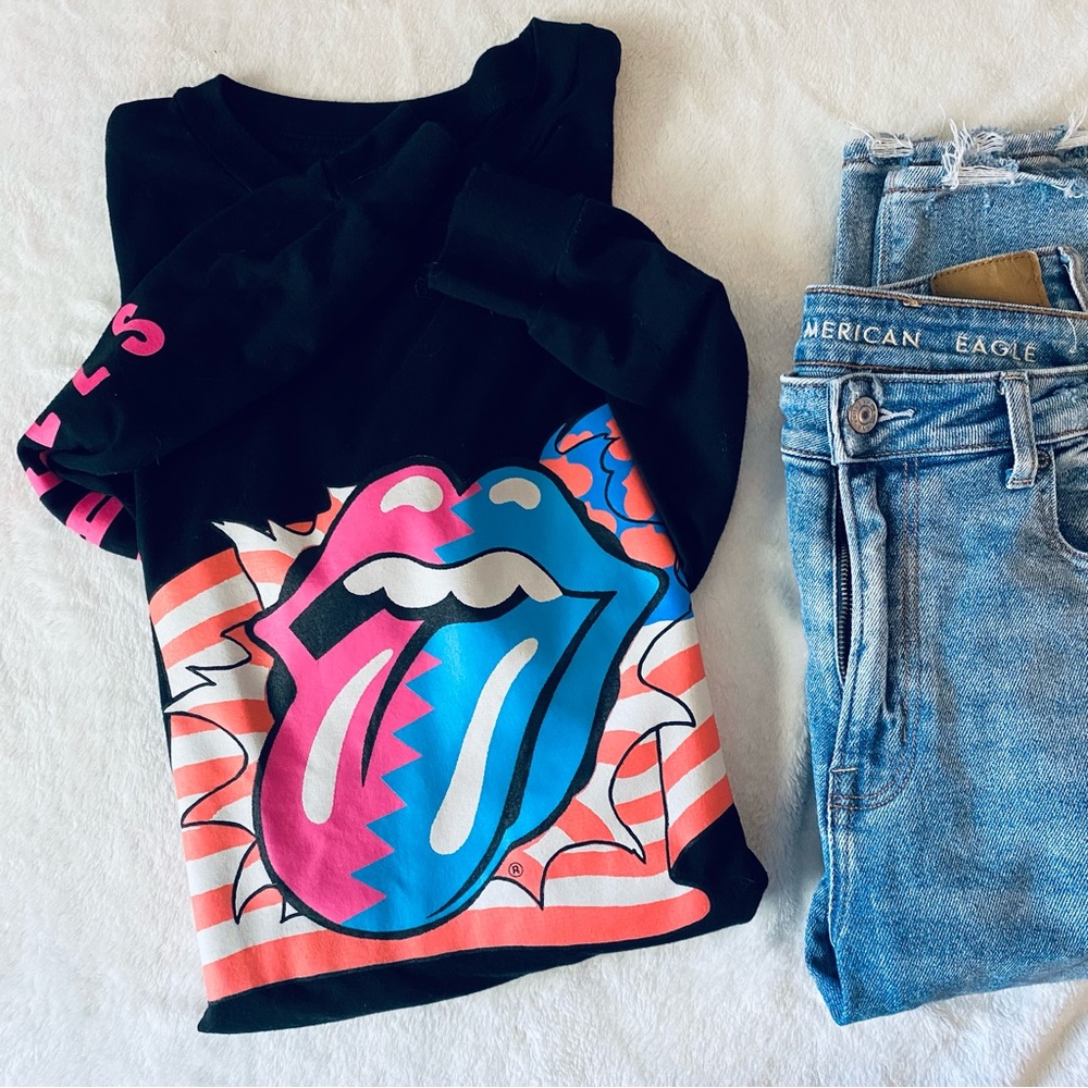 The Rolling Stones Long Sleeve Black Graphic Band Tee T-shirt Size Small